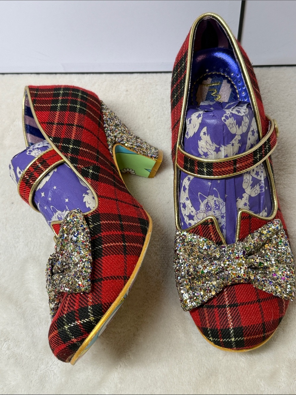 Irregular Choice "Piccolo" Red Tartan Mid Heels w/ Glitter Bows & Hilda Sole 9